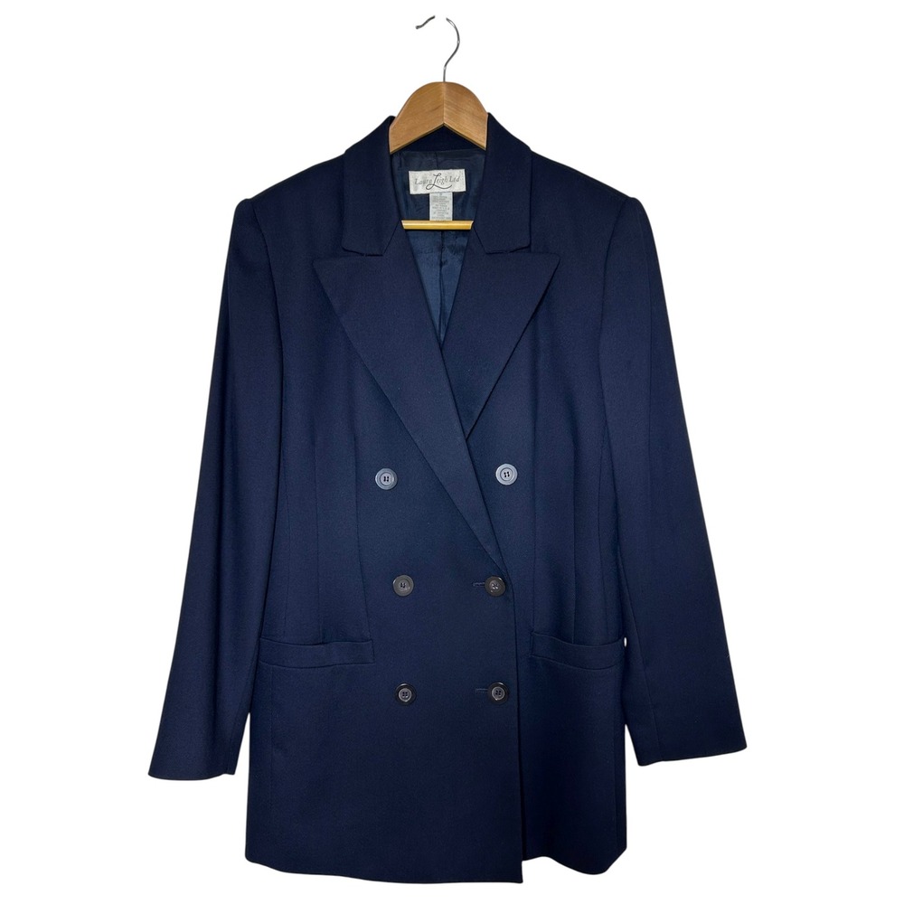 Vintage Laura Leigh Ltd Wool Blend Navy Double Breasted Long Line Blazer 8